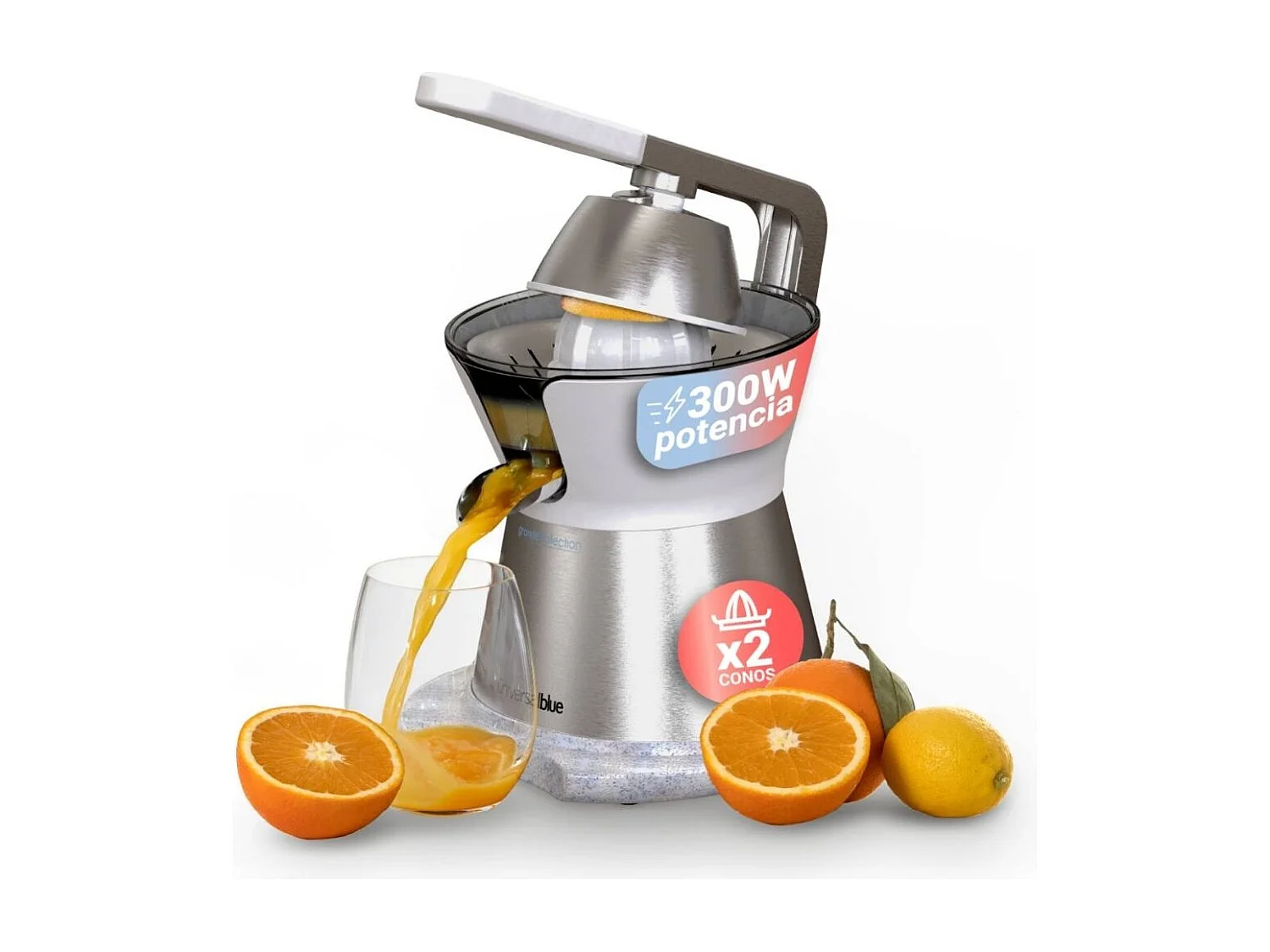 Exprimidor de brazo Juicy Plus Universal Blue 300W 2 conos blanco