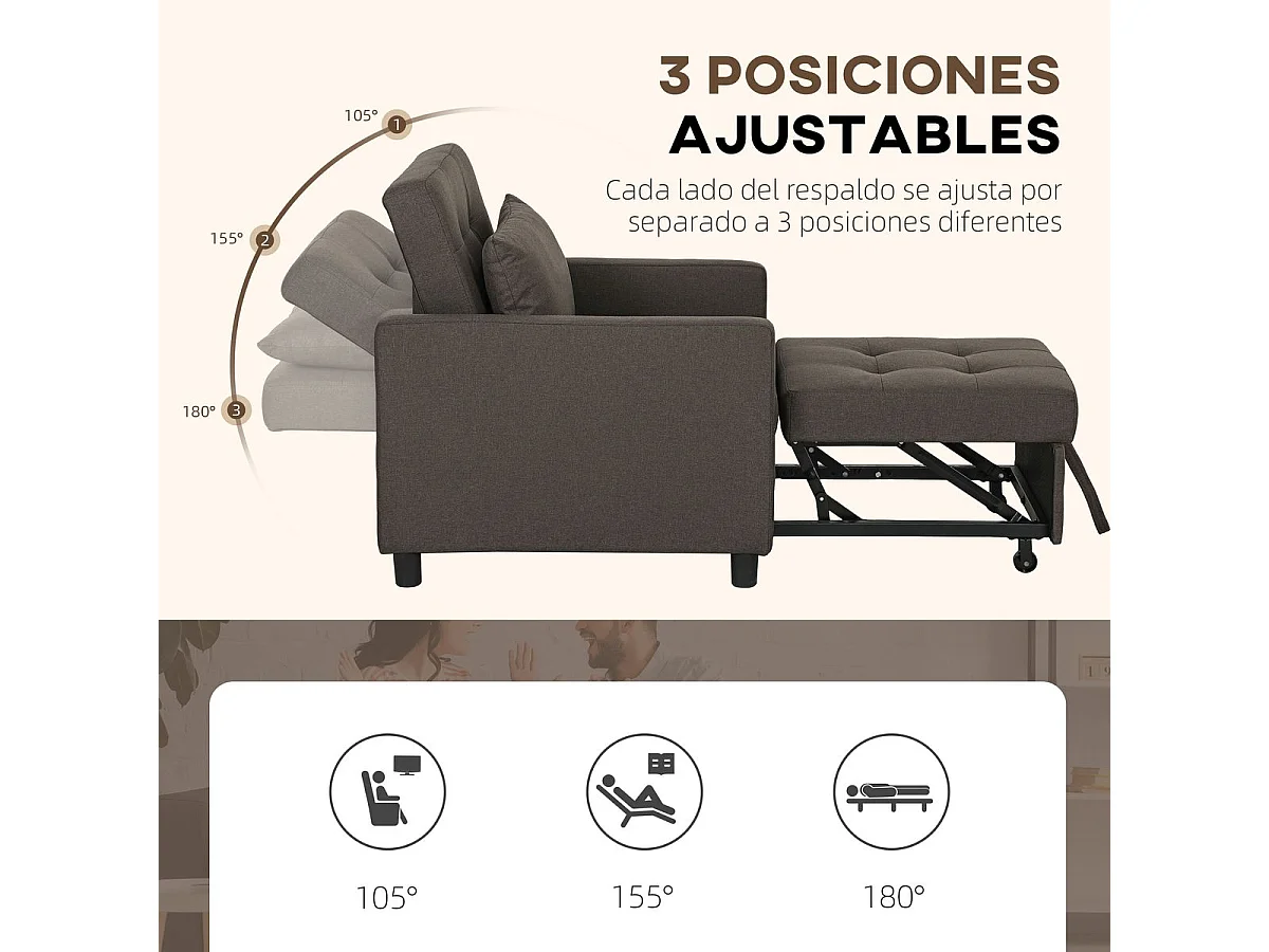 Sofá cama Einar Homcom 1 plaza 3 posiciones marrón oscuro 84x69x82,5 cm
