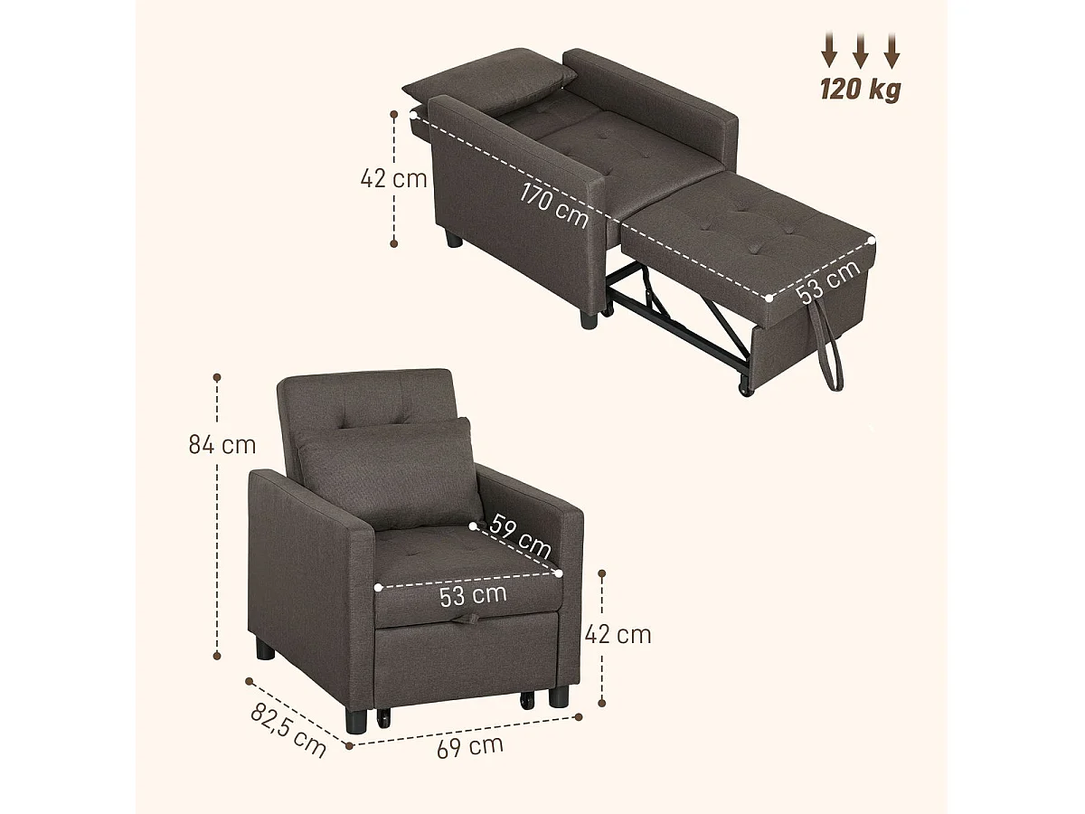 Sofá cama Einar Homcom 1 plaza 3 posiciones marrón oscuro 84x69x82,5 cm