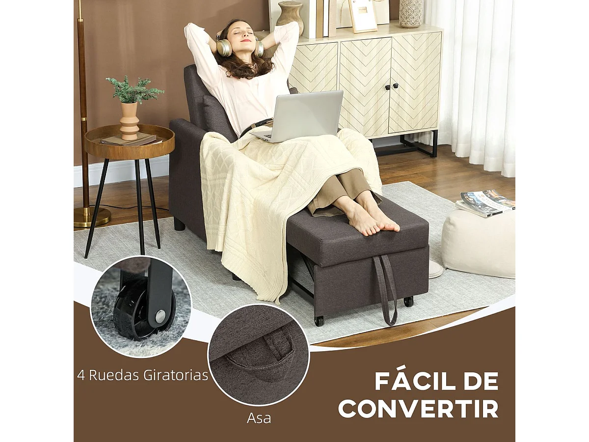 Sofá cama Einar Homcom 1 plaza 3 posiciones marrón oscuro 84x69x82,5 cm