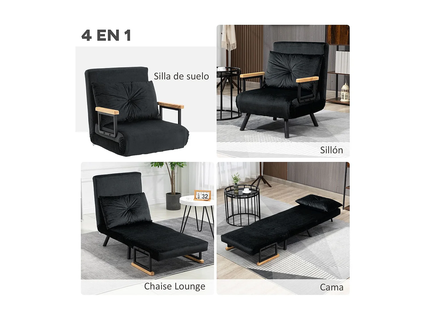 Sofá cama Prisma Homcom individual 4 en 1 negro 81x73x63cm