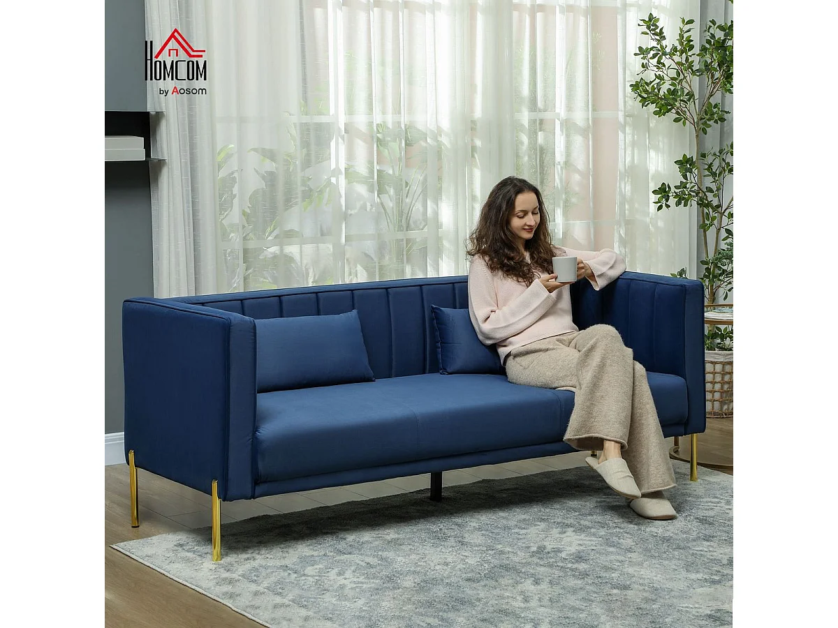 Sofá Tiramisú Homcom 3 plazas con cojines azul marino 76x194,5x76 cm