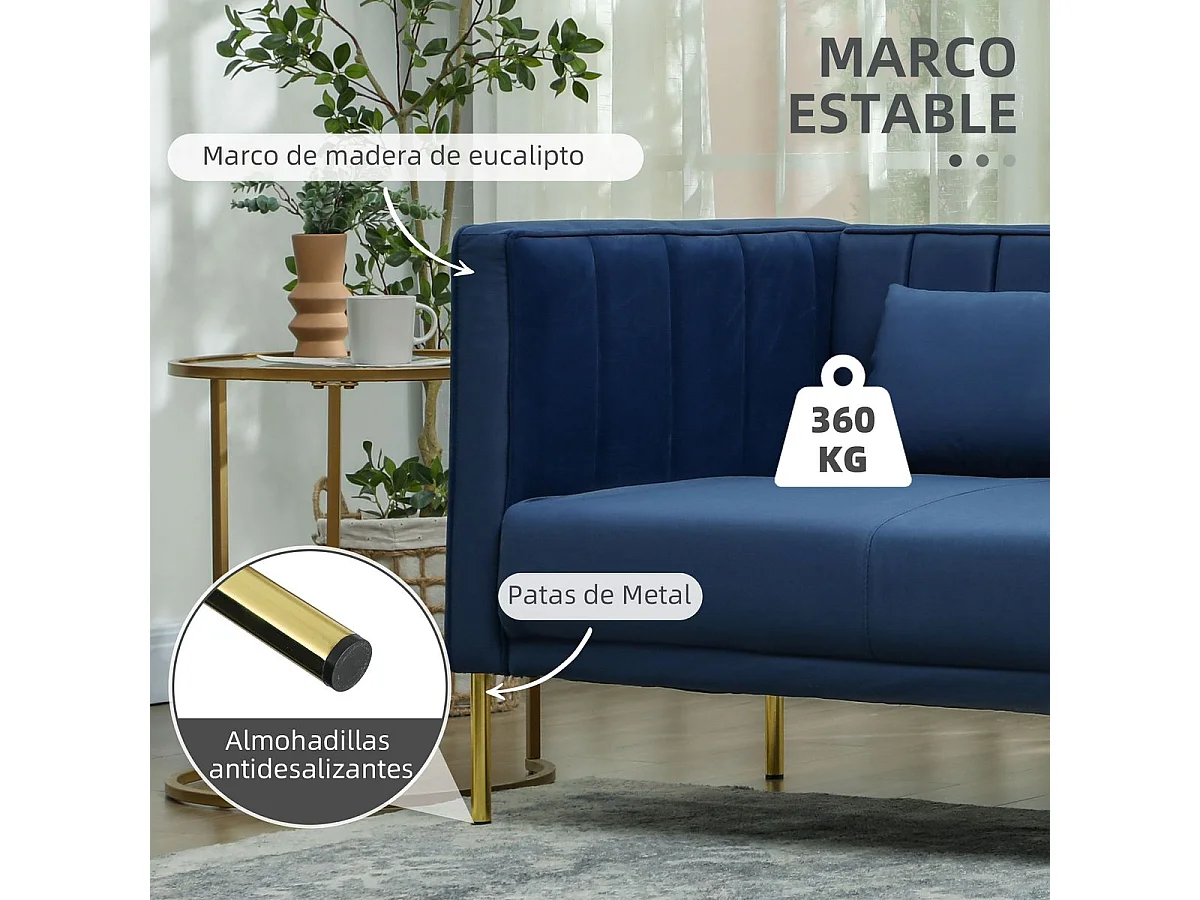 Sofá Tiramisú Homcom 3 plazas con cojines azul marino 76x194,5x76 cm