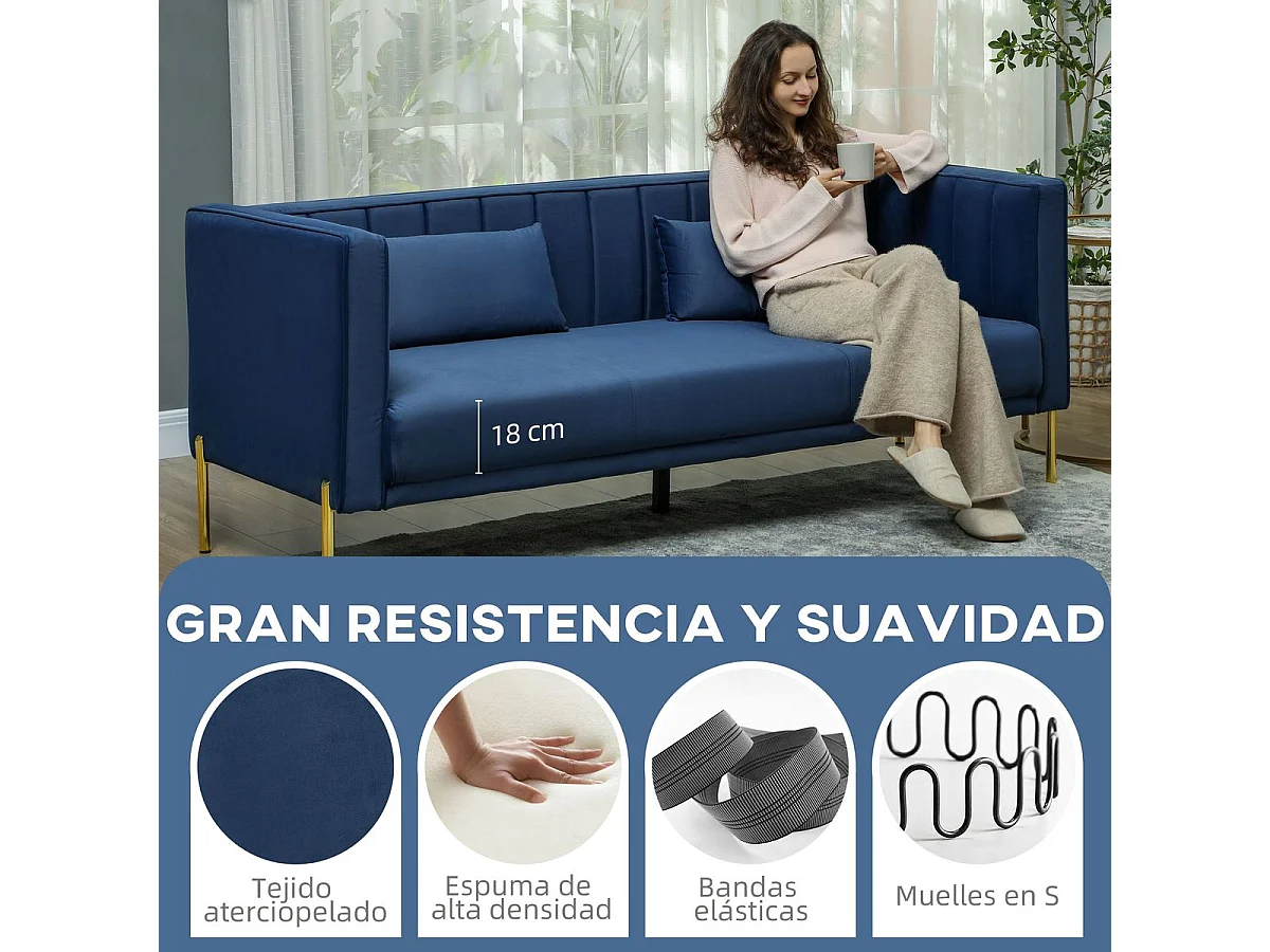 Sofá Tiramisú Homcom 3 plazas con cojines azul marino 76x194,5x76 cm