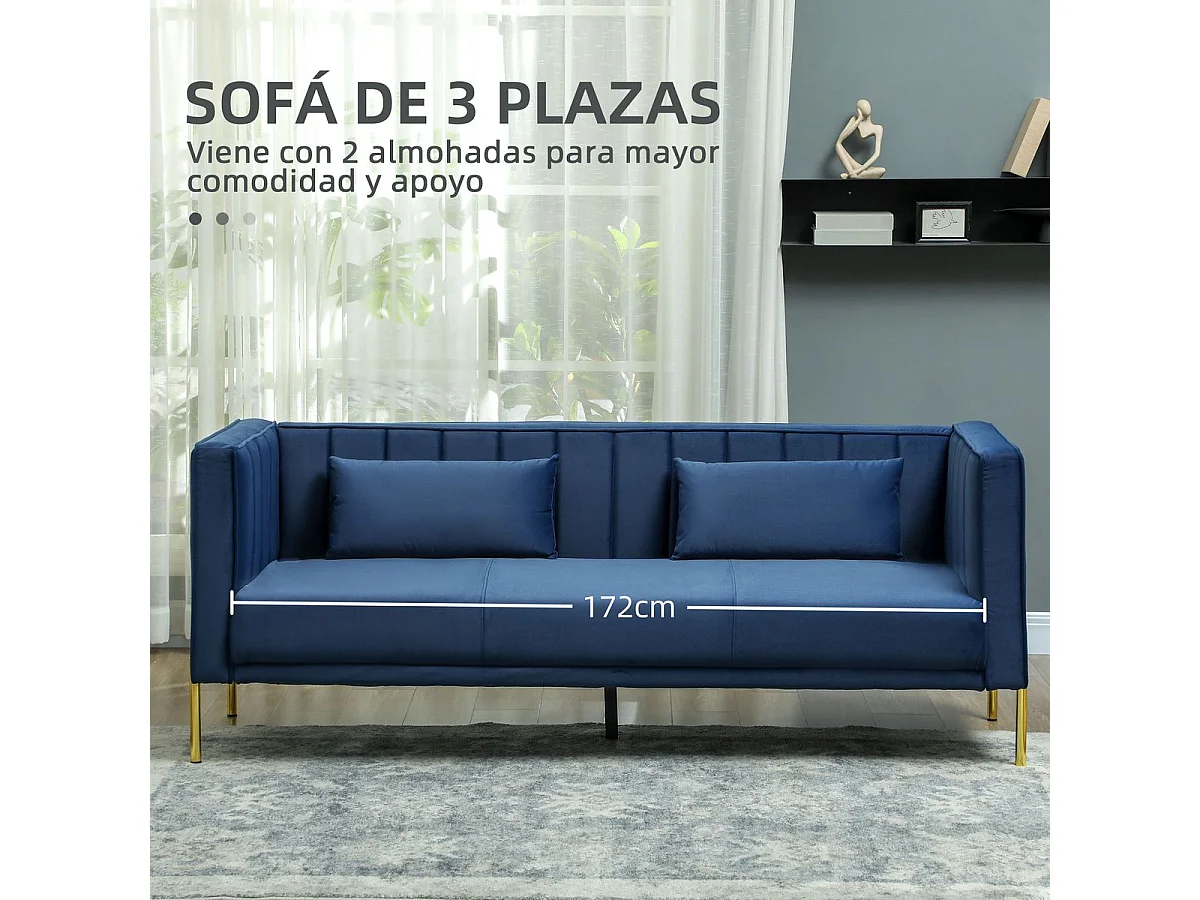 Sofá Tiramisú Homcom 3 plazas con cojines azul marino 76x194,5x76 cm