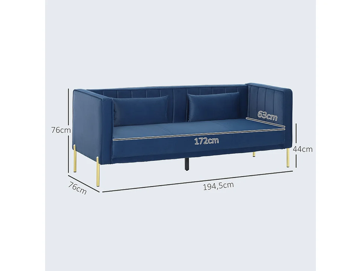 Sofá Tiramisú Homcom 3 plazas con cojines azul marino 76x194,5x76 cm