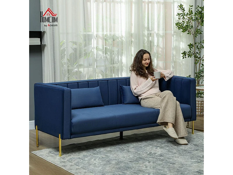 Sofá Tiramisú Homcom 3 plazas con cojines azul marino 76x194,5x76 cm