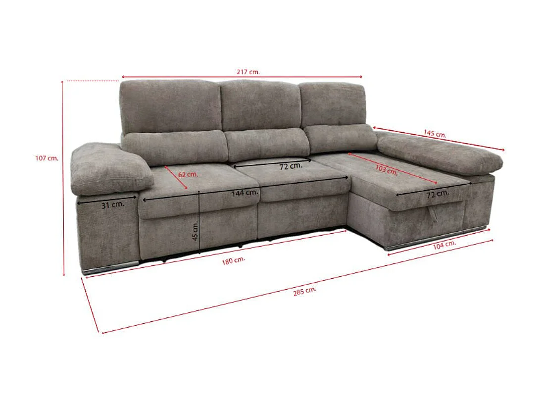 Sofá cama chaiselongue Nadia 2 taburetes + arcón derecha gris 107x217x145 cm