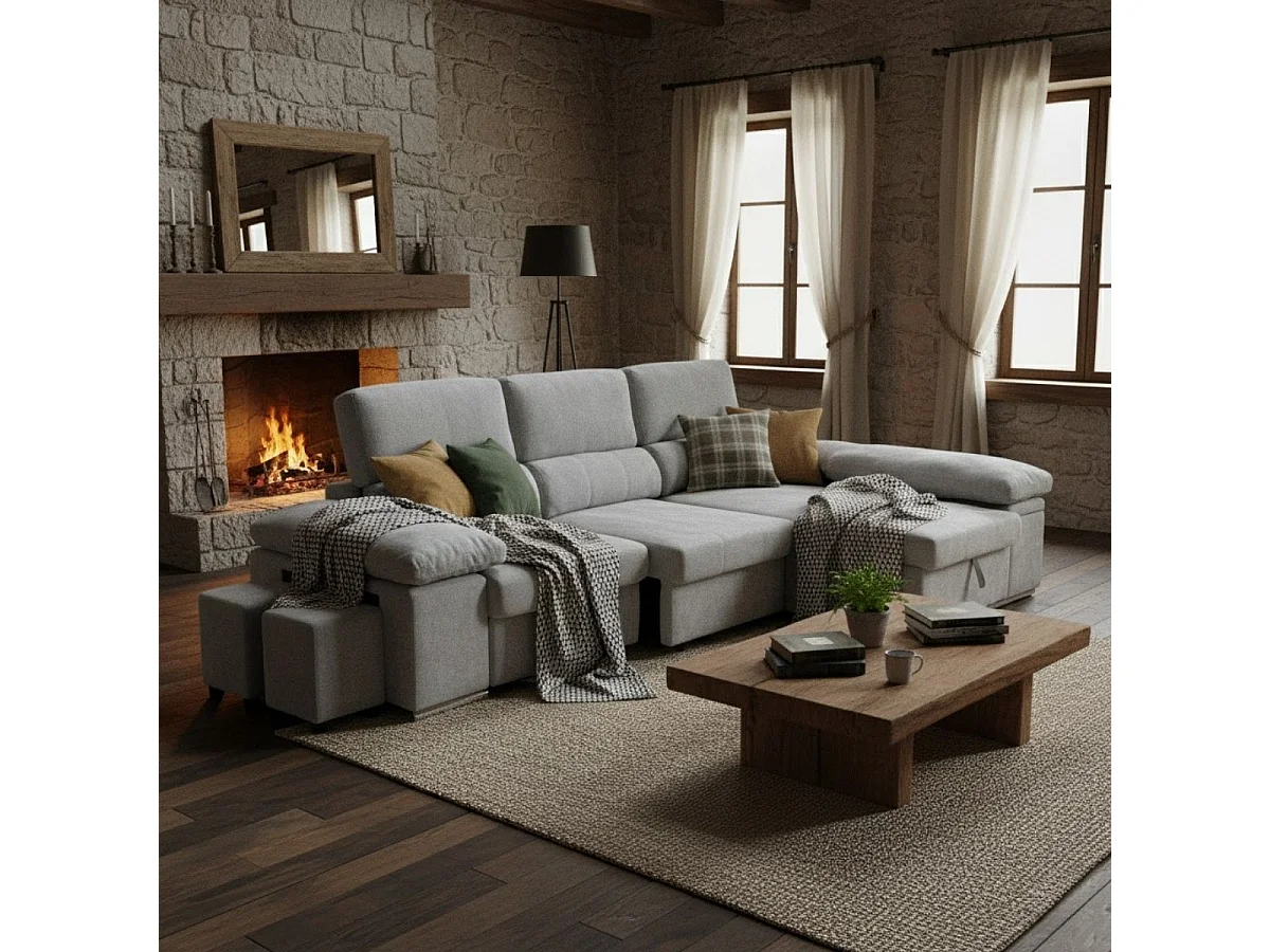 Sofá cama chaiselongue Nadia 2 taburetes + arcón derecha gris 107x217x145 cm