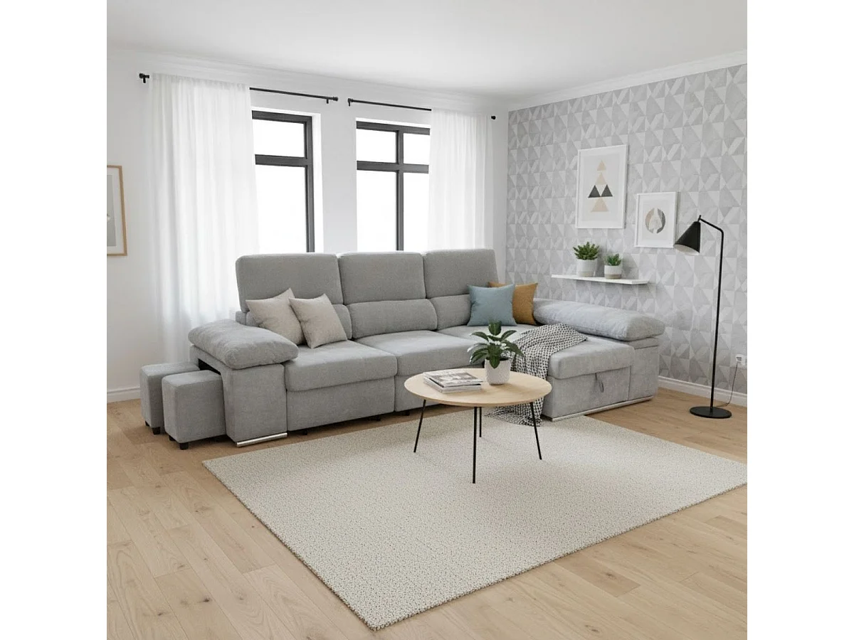 Sofá cama chaiselongue Nadia 2 taburetes + arcón derecha gris 107x217x145 cm