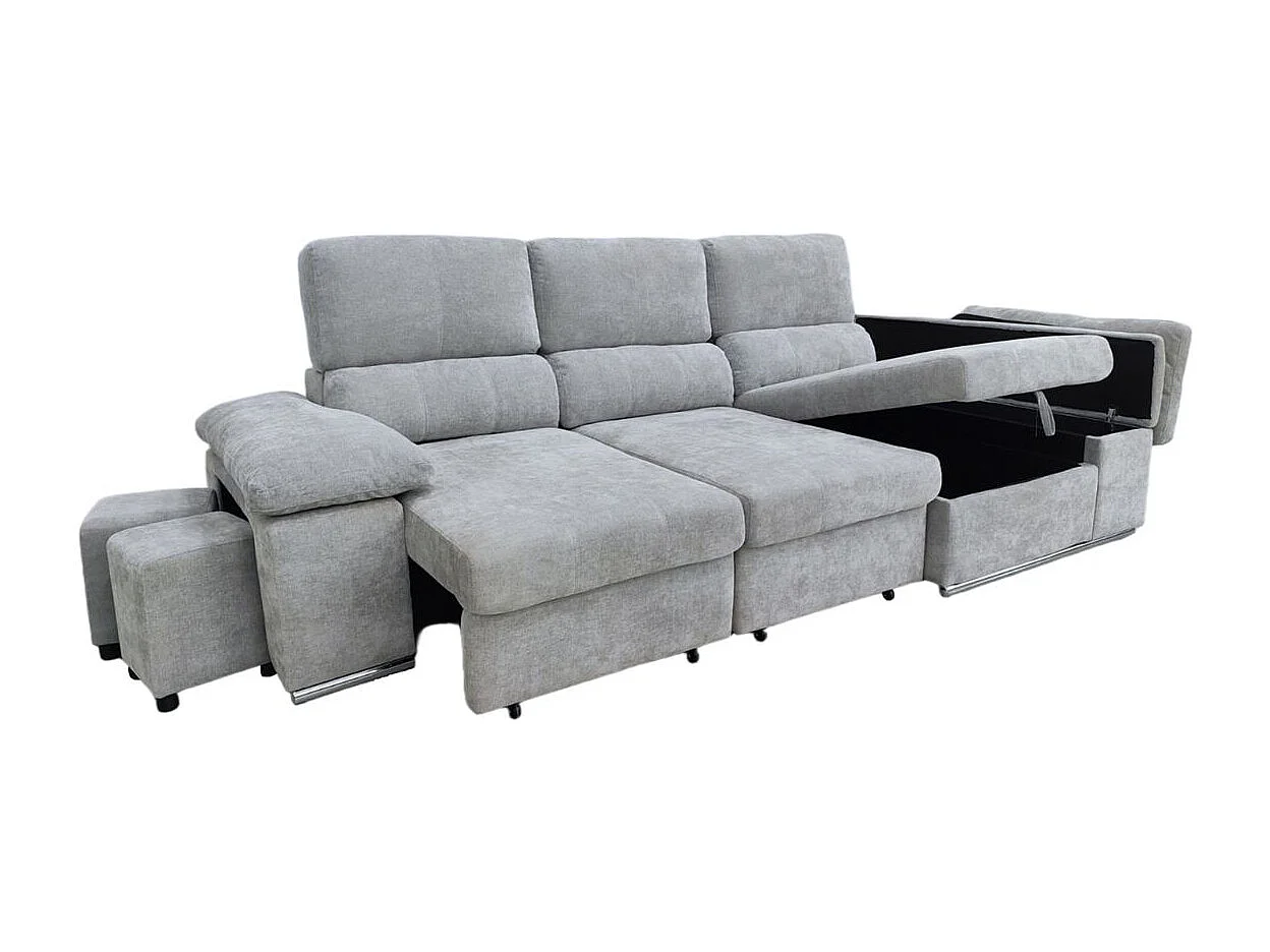 Sofá cama chaiselongue Nadia 2 taburetes + arcón derecha gris 107x217x145 cm