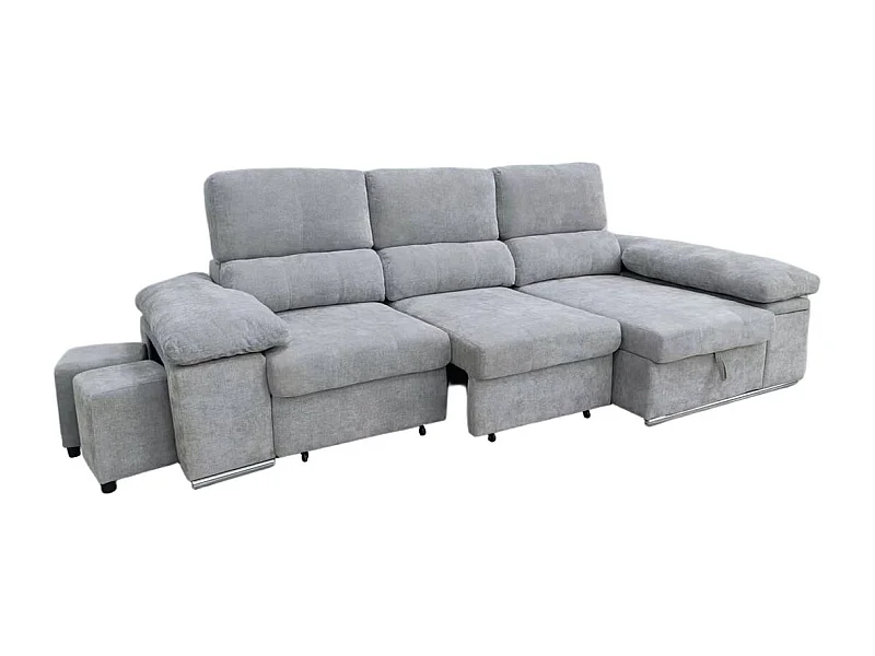 Sofá cama chaiselongue Nadia 2 taburetes + arcón derecha gris 107x217x145 cm
