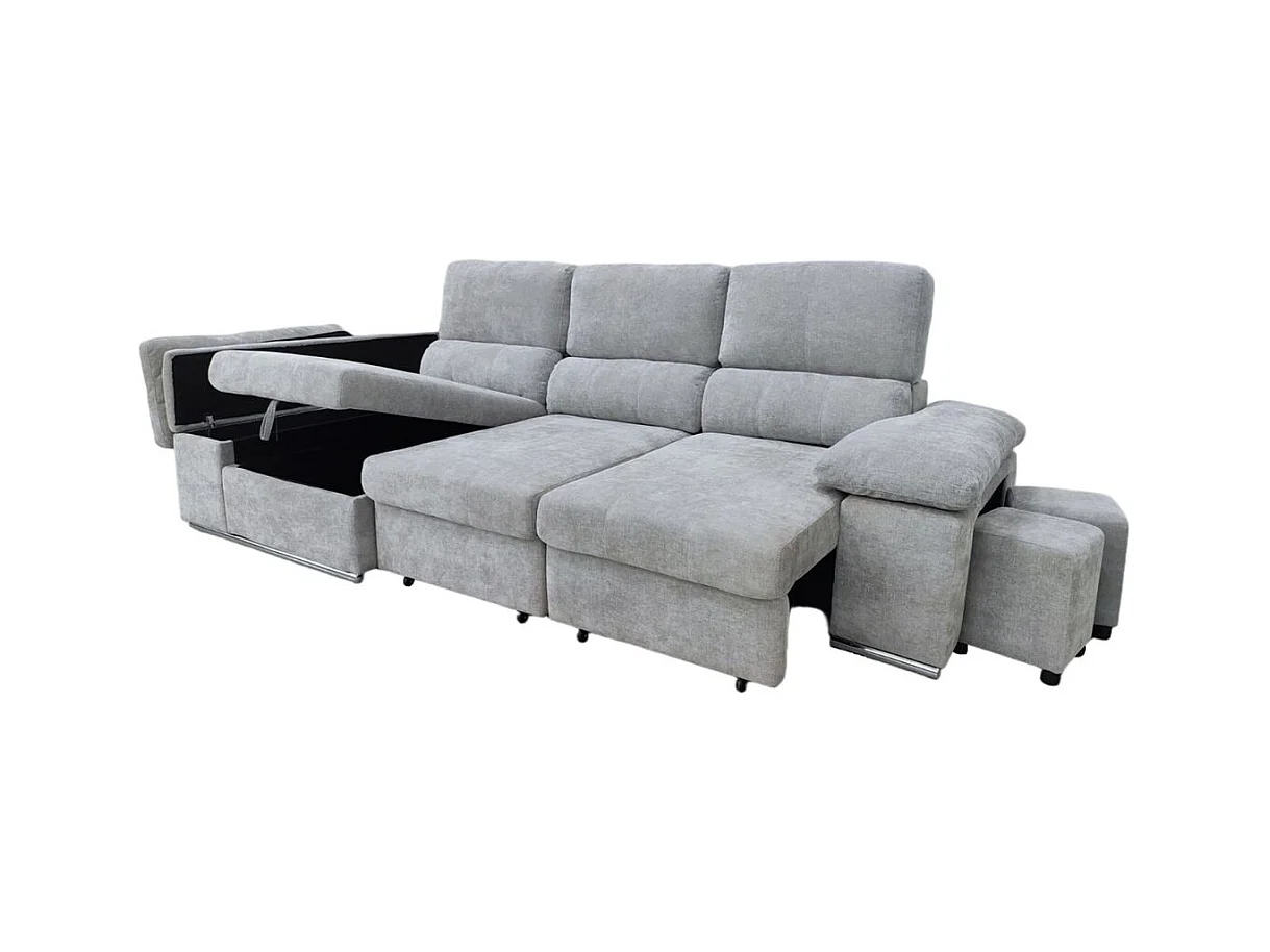 Sofá cama chaiselongue Nadia 2 taburetes + arcón izquierda gris 107x217x145 cm