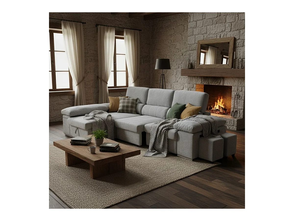 Sofá cama chaiselongue Nadia 2 taburetes + arcón izquierda gris 107x217x145 cm