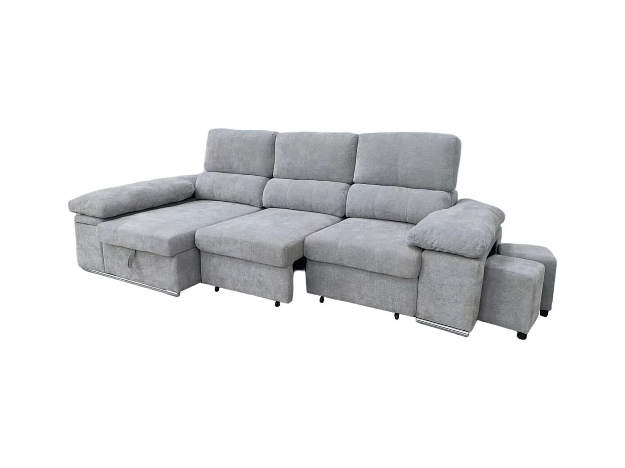 Sofá cama chaiselongue Nadia 2 taburetes + arcón izquierda gris 107x217x145 cm