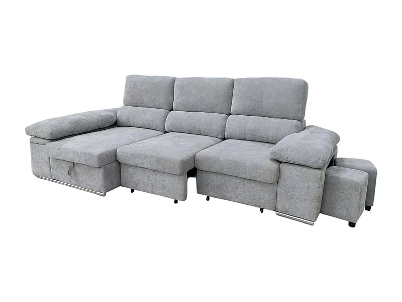 Sofá cama chaiselongue Nadia 2 taburetes + arcón izquierda gris 107x217x145 cm