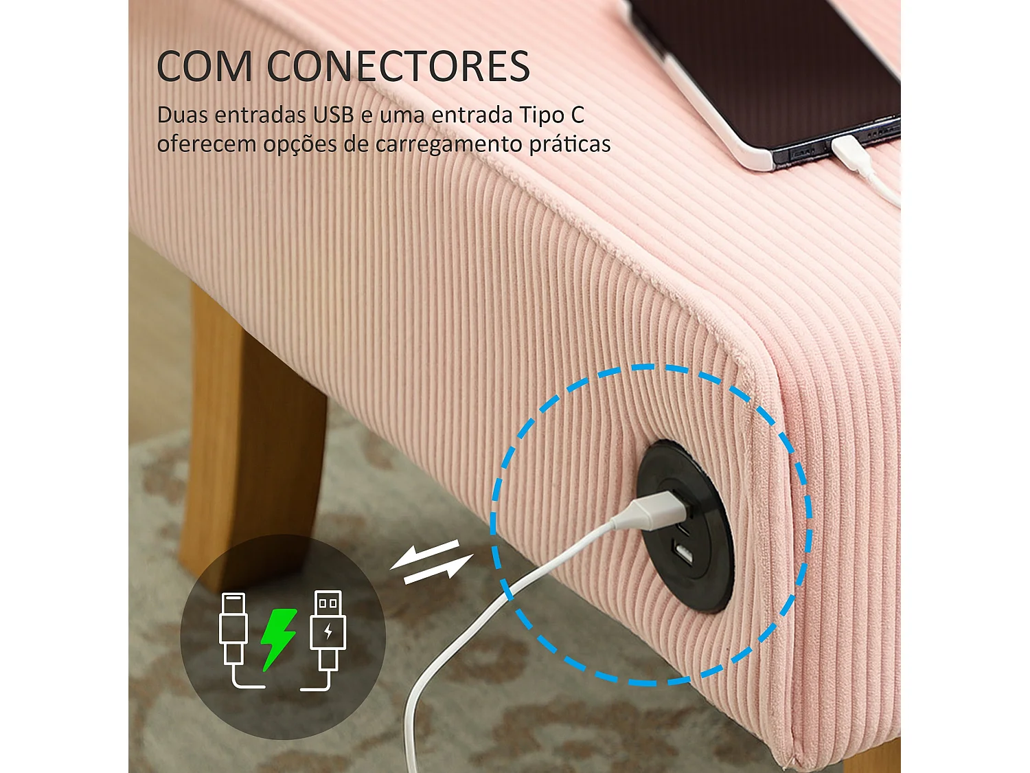 Sofá de 2 Lugares em Veludo Cotelê com USB e Pés de Madeira - Conforto e Estilo para Sua Sala