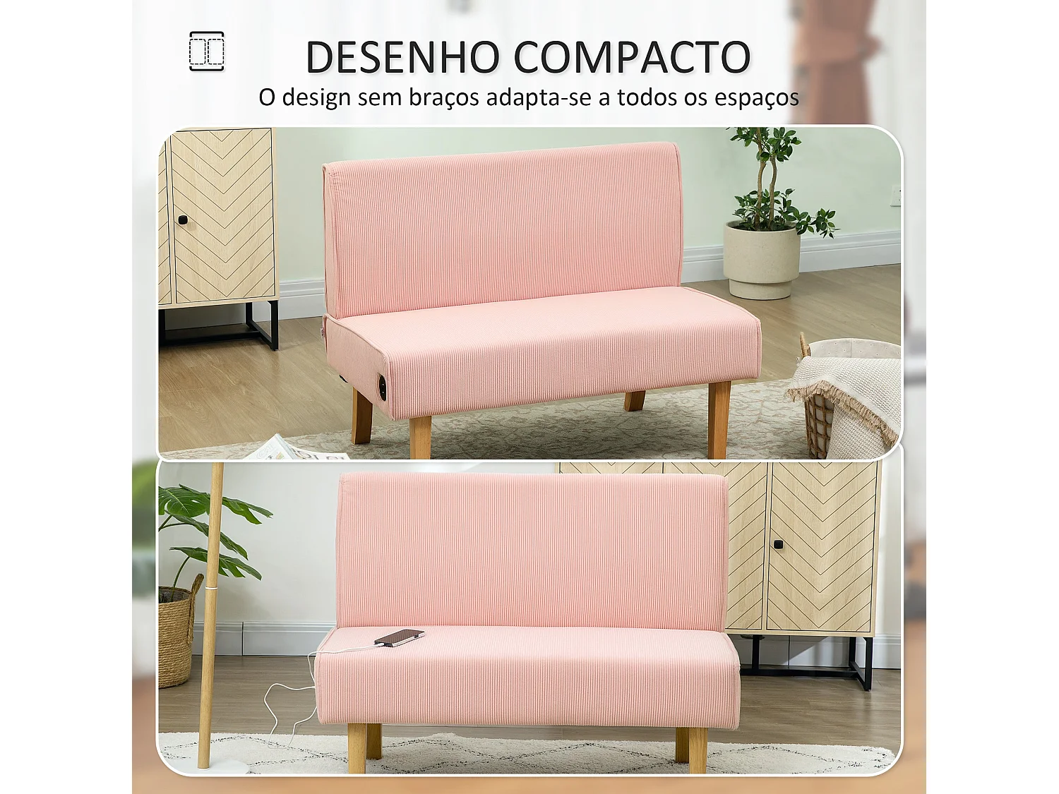 Sofá de 2 Lugares em Veludo Cotelê com USB e Pés de Madeira - Conforto e Estilo para Sua Sala