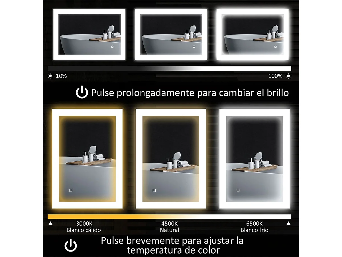 Espejo Honda Homcom antivaho con luz LED negro 50x70x3 cm