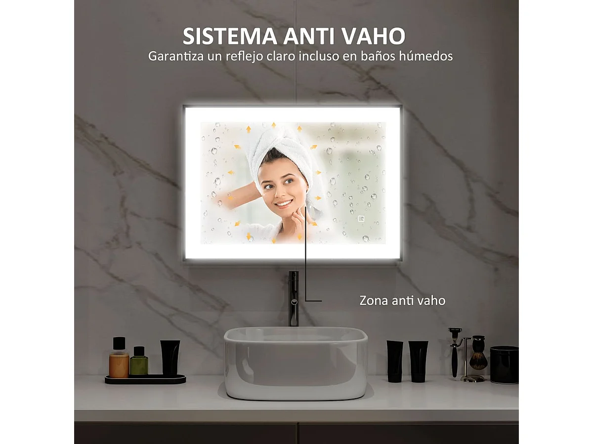 Espejo Honda Homcom antivaho con luz LED negro 50x70x3 cm