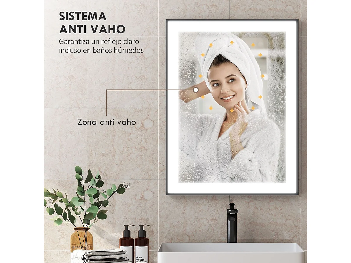 Espejo Oval Homcom antivaho con luz LED negro 60x80x3 cm