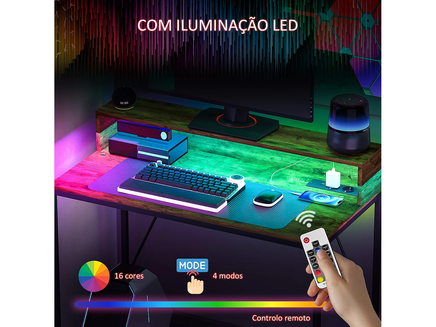 Secretária de Canto Moderna Chamonix - 100x50x90 cm em Branco com Iluminação LED