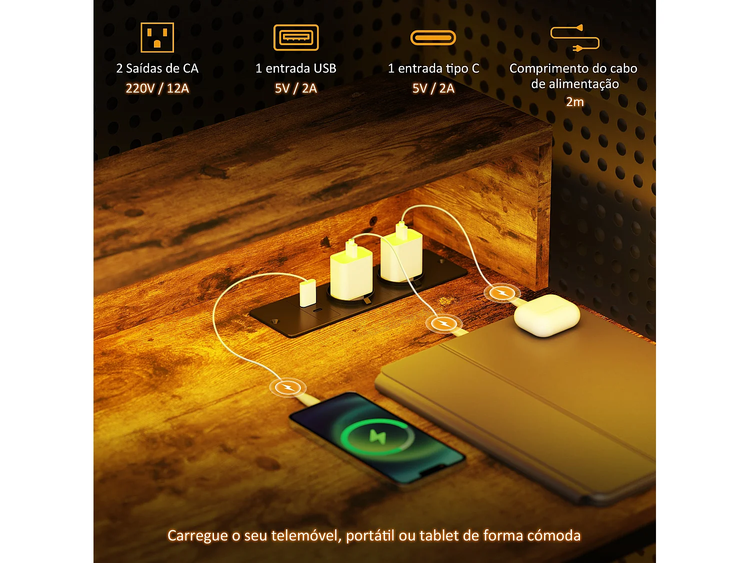 Secretária de Canto Moderna Chamonix - 100x50x90 cm em Branco com Iluminação LED