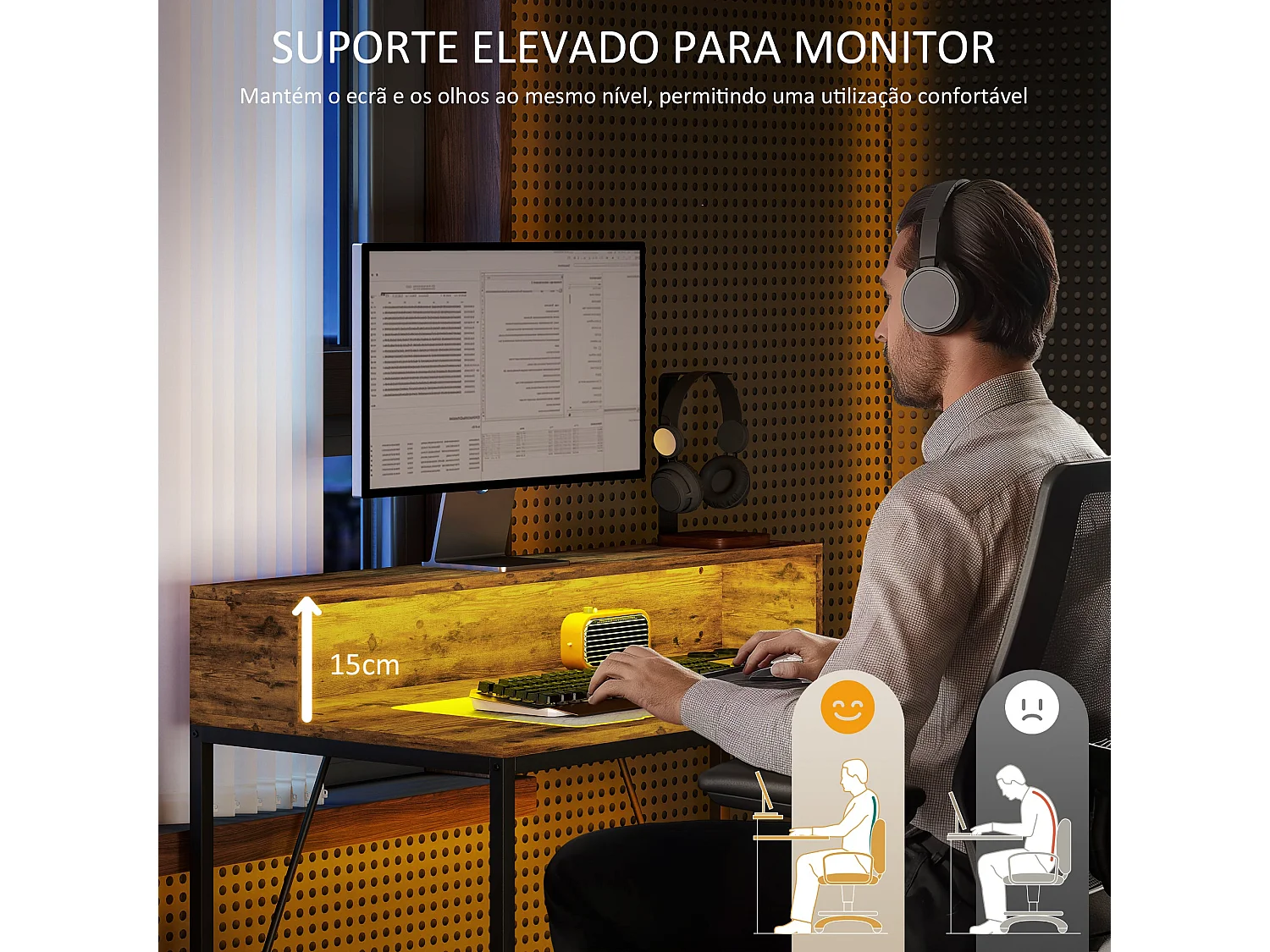 Secretária de Canto Moderna Chamonix - 100x50x90 cm em Branco com Iluminação LED