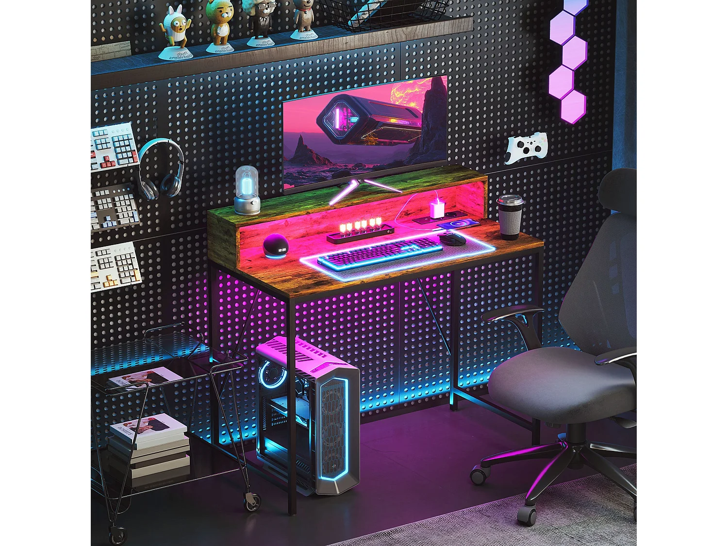 Secretária de Canto Moderna Chamonix - 100x50x90 cm em Branco com Iluminação LED