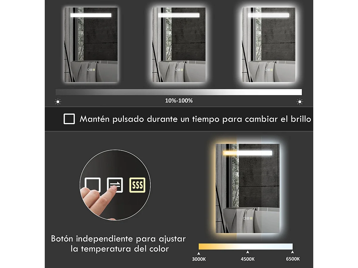 Espejo de baño Veldra Homcom 3 colores táctil plata 70x50 cm
