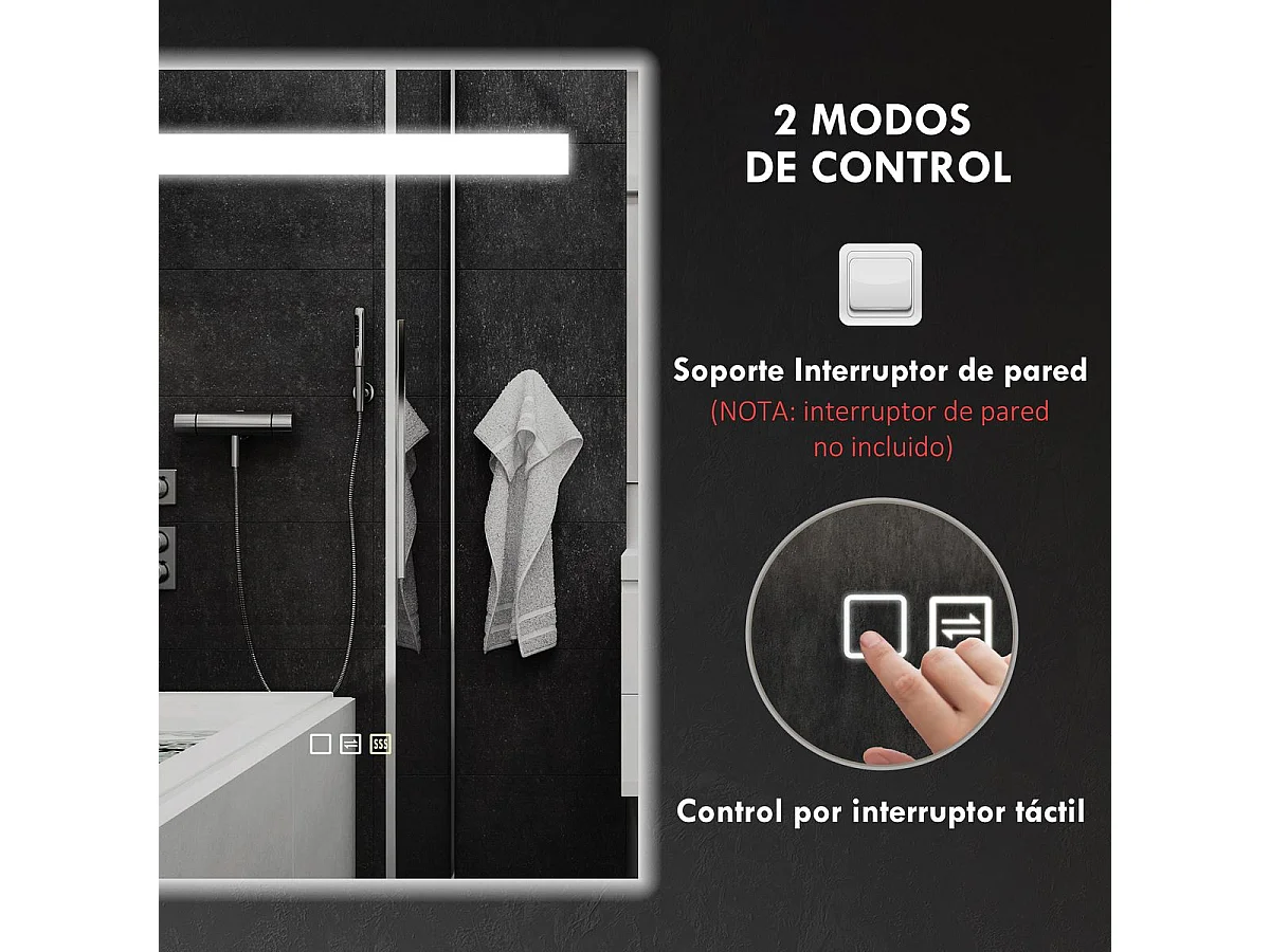 Espejo de baño Veldra Homcom 3 colores táctil plata 70x50 cm