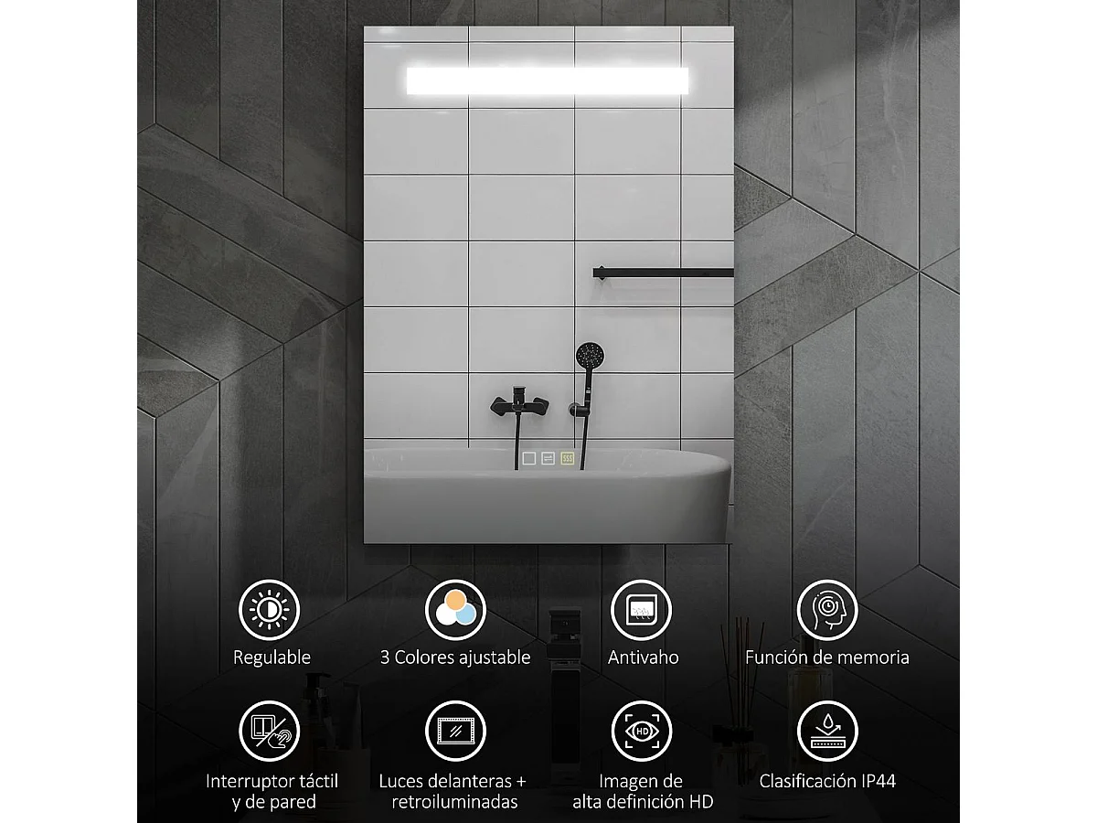 Espejo de baño Veldra Homcom 3 colores táctil plata 70x50 cm