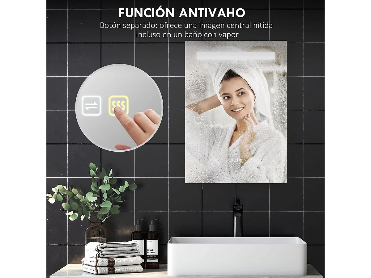 Espejo de baño Veldra Homcom 3 colores táctil plata 70x50 cm