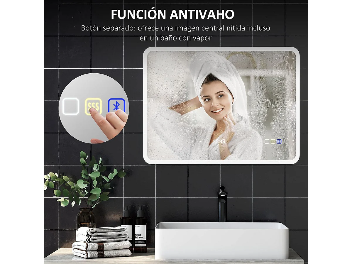 Espejo de baño Lumera Homcom luz LED + altavoz Bluetooth 60x80x3,5 cm