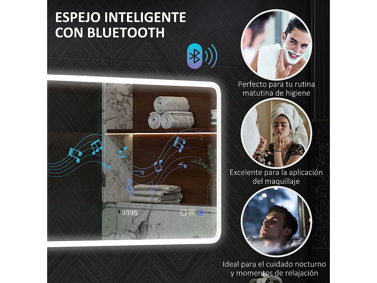 Espejo de baño Lumera Homcom luz LED + altavoz Bluetooth 60x80x3,5 cm