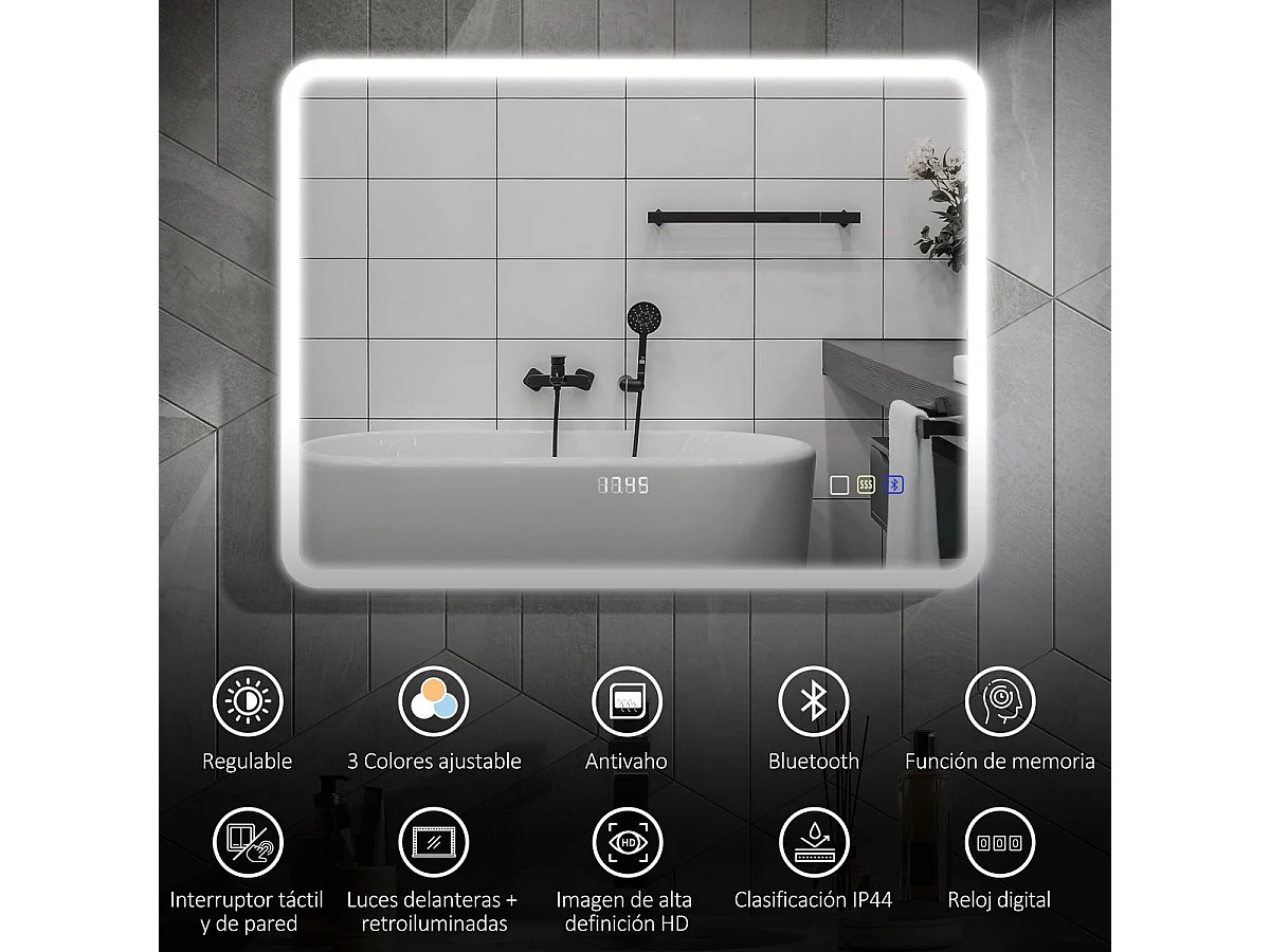 Espejo de baño Lumera Homcom luz LED + altavoz Bluetooth 60x80x3,5 cm