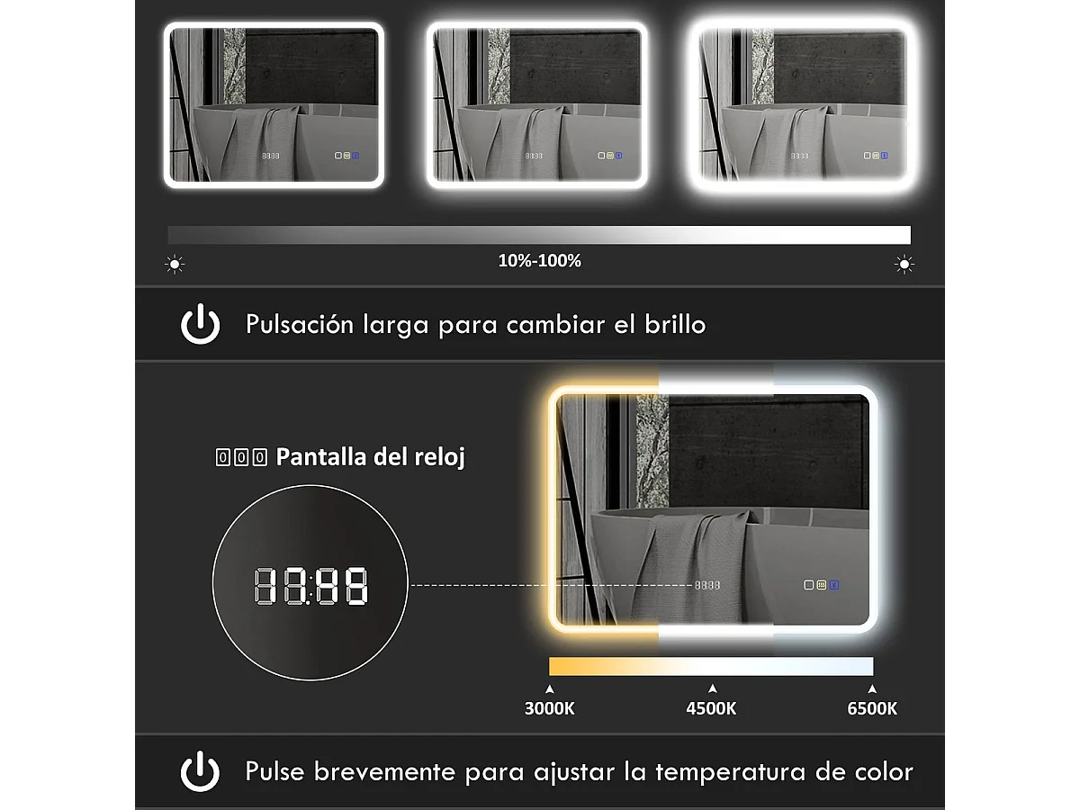 Espejo de baño Lumera Homcom luz LED + altavoz Bluetooth 60x80x3,5 cm