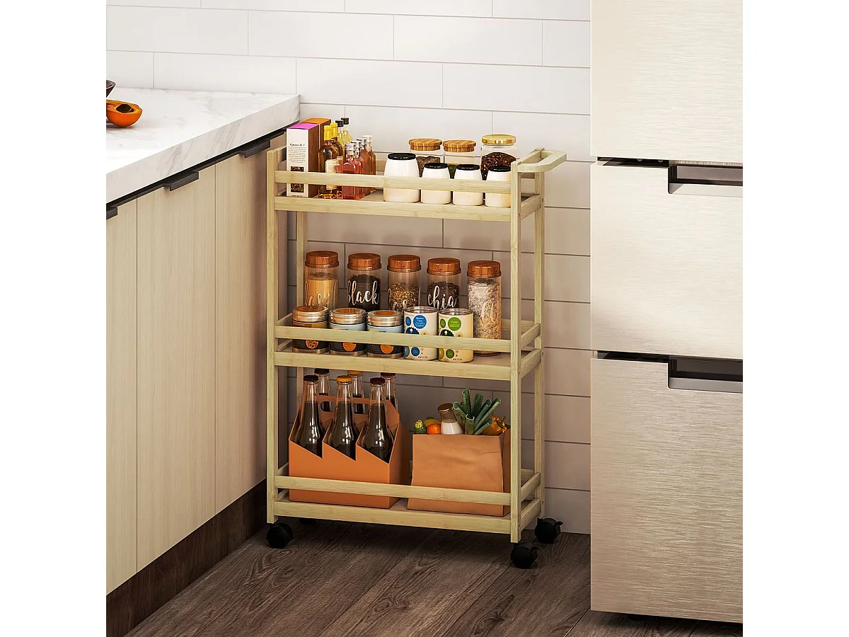 Carrito auxiliar Cover Homcom 3 niveles con ruedas natural 75x55x20 cm