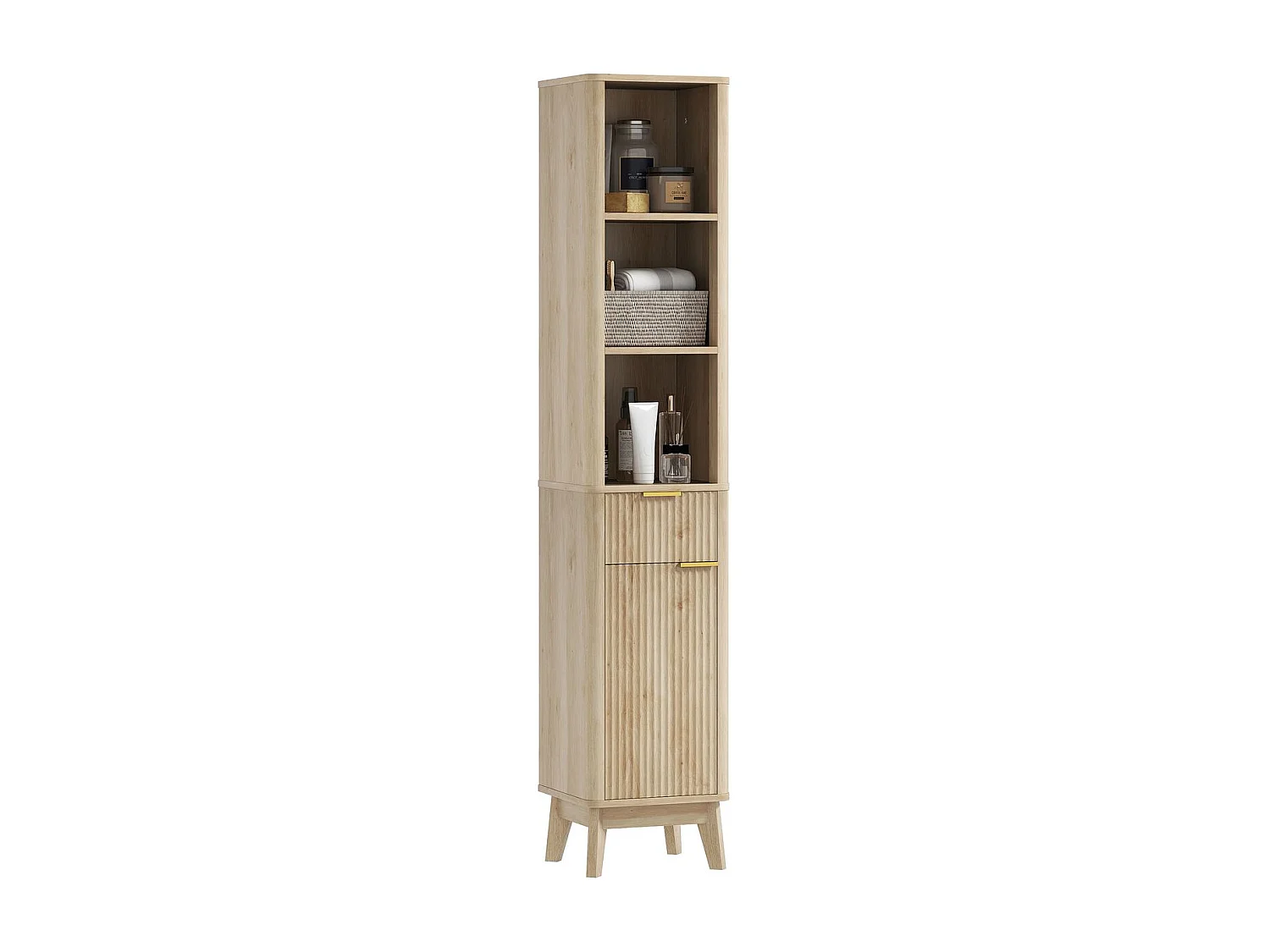 Columna de baño Shine Homcom 2 estantes con cajón y armario natural 170x33x30 cm