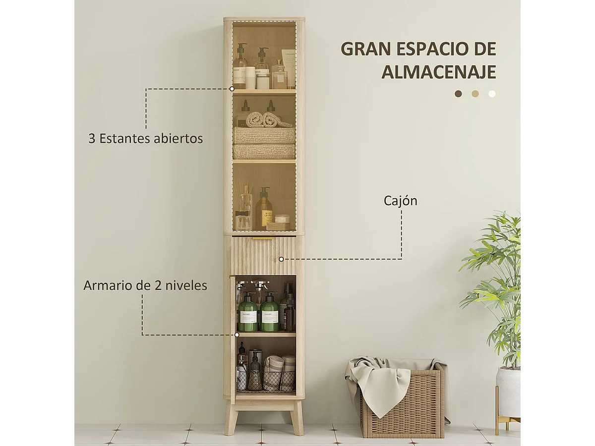 Columna de baño Shine Homcom 2 estantes con cajón y armario natural 170x33x30 cm