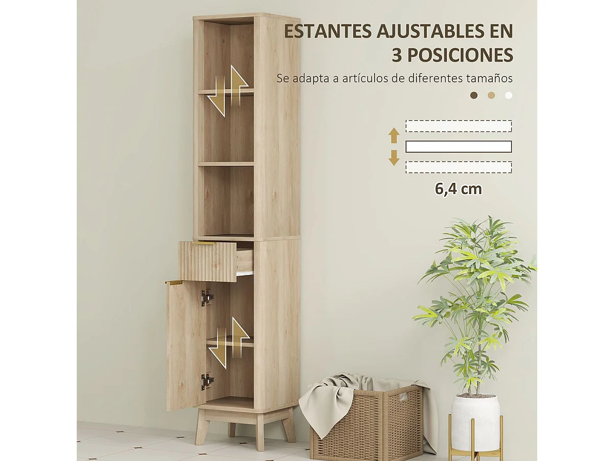 Columna de baño Shine Homcom 2 estantes con cajón y armario natural 170x33x30 cm