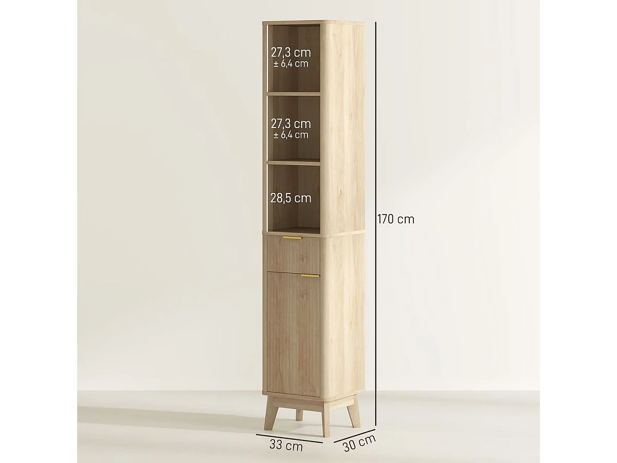 Columna de baño Shine Homcom 2 estantes con cajón y armario natural 170x33x30 cm