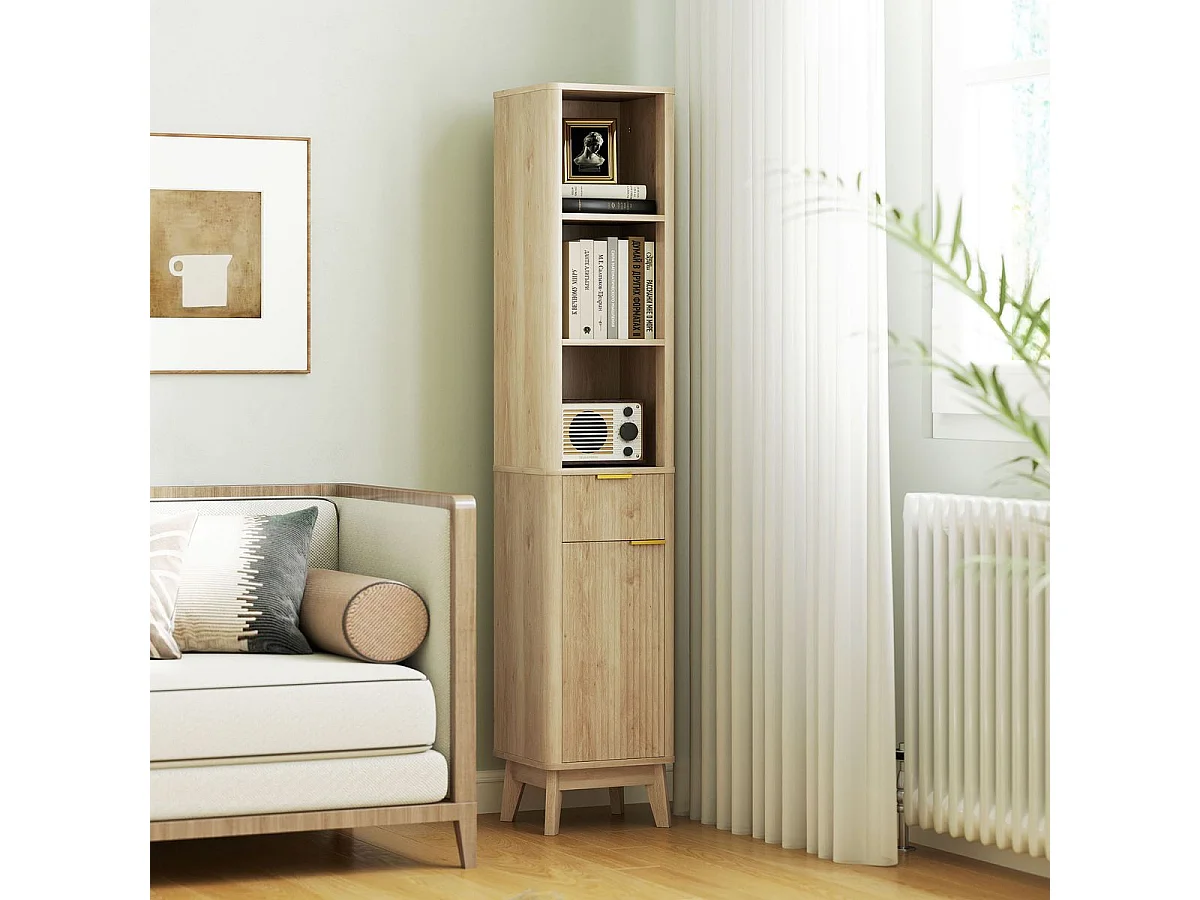 Columna de baño Shine Homcom 2 estantes con cajón y armario natural 170x33x30 cm