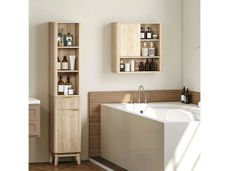 Columna de baño Shine Homcom 2 estantes con cajón y armario natural 170x33x30 cm