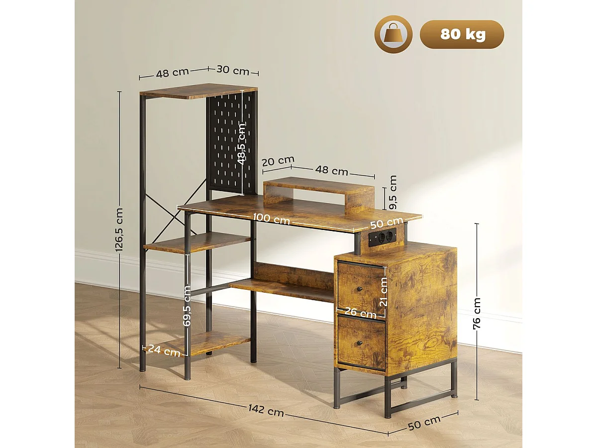 Escritorio Brenkar Homcom estación de carga + luz LED marrón 126,5x142x50 cm