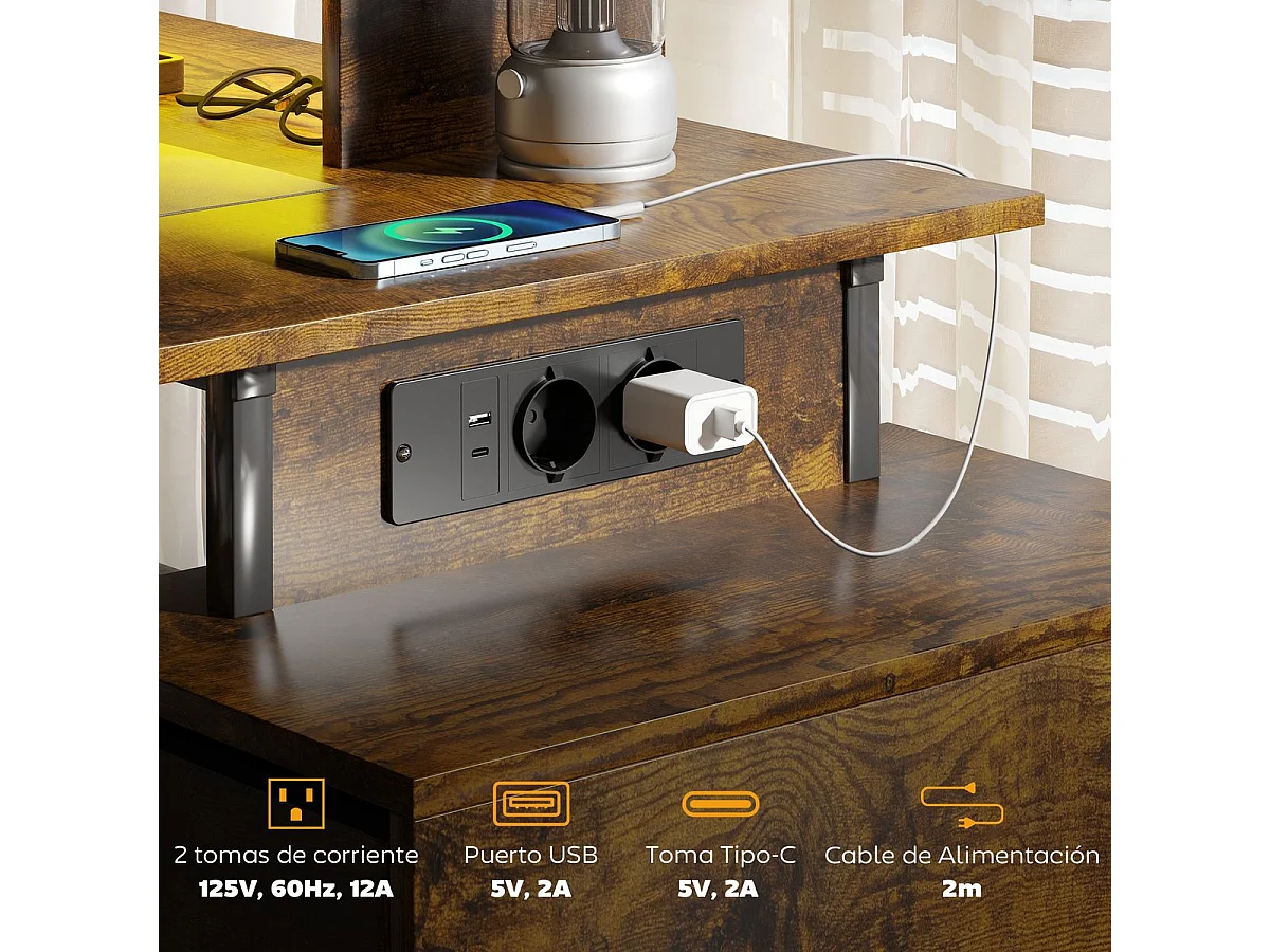 Escritorio Brenkar Homcom estación de carga + luz LED marrón 126,5x142x50 cm