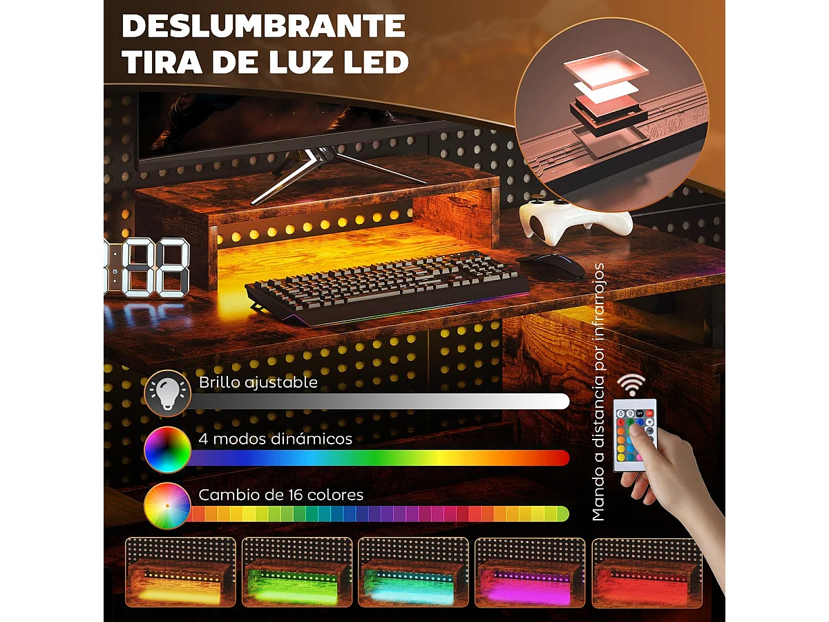 Escritorio Brenkar Homcom estación de carga + luz LED marrón 126,5x142x50 cm