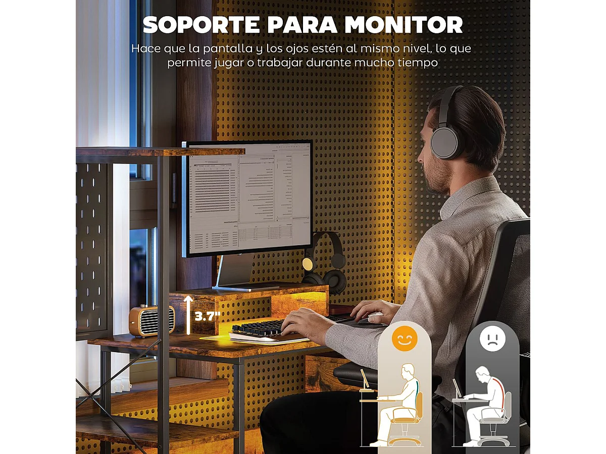 Escritorio Brenkar Homcom estación de carga + luz LED marrón 126,5x142x50 cm