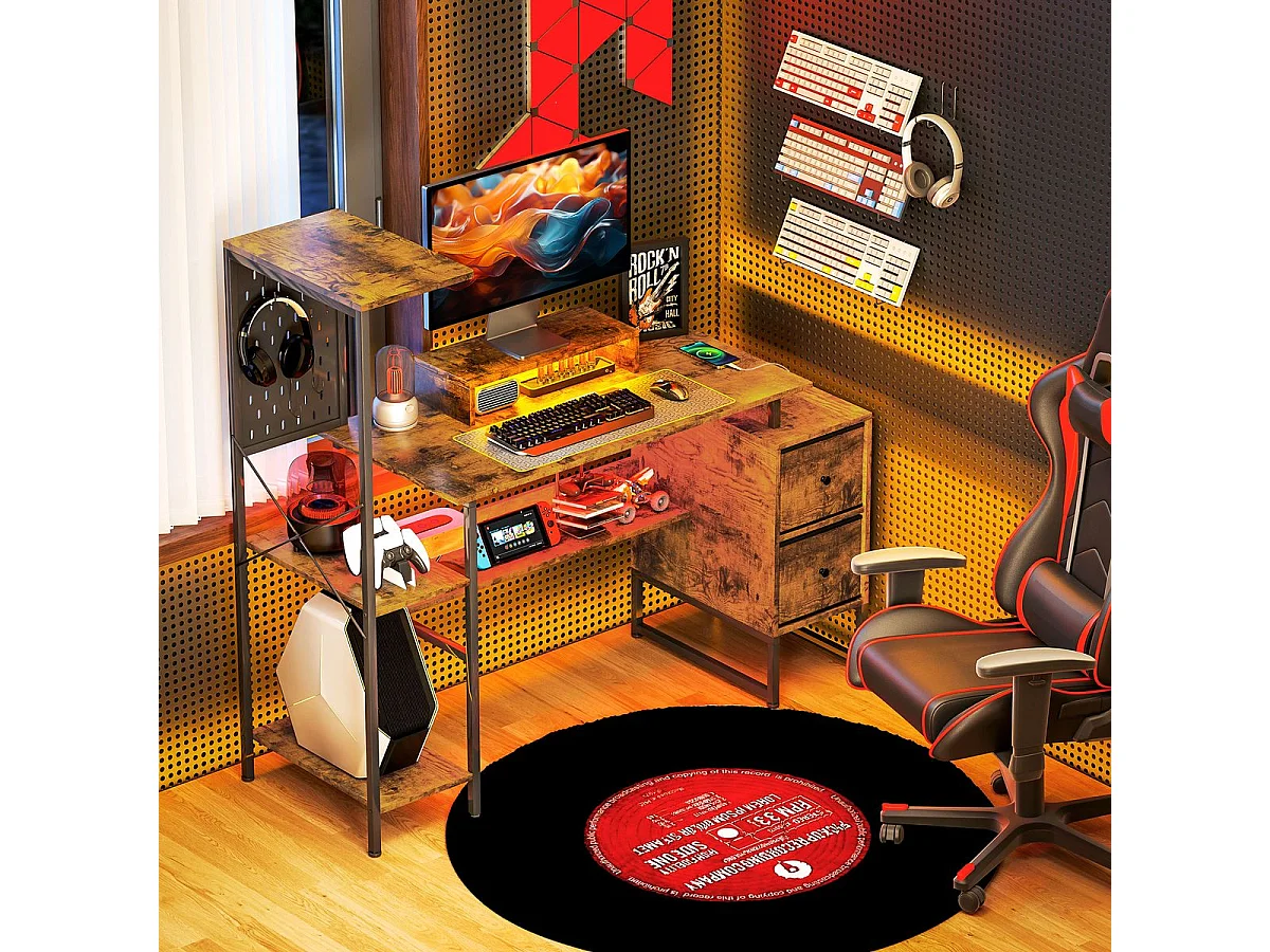 Escritorio Brenkar Homcom estación de carga + luz LED marrón 126,5x142x50 cm