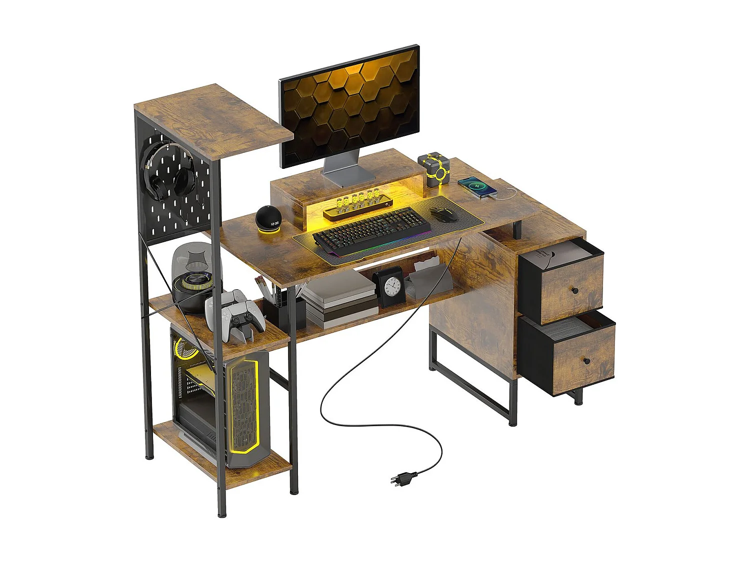 Escritorio Brenkar Homcom estación de carga + luz LED marrón 126,5x142x50 cm